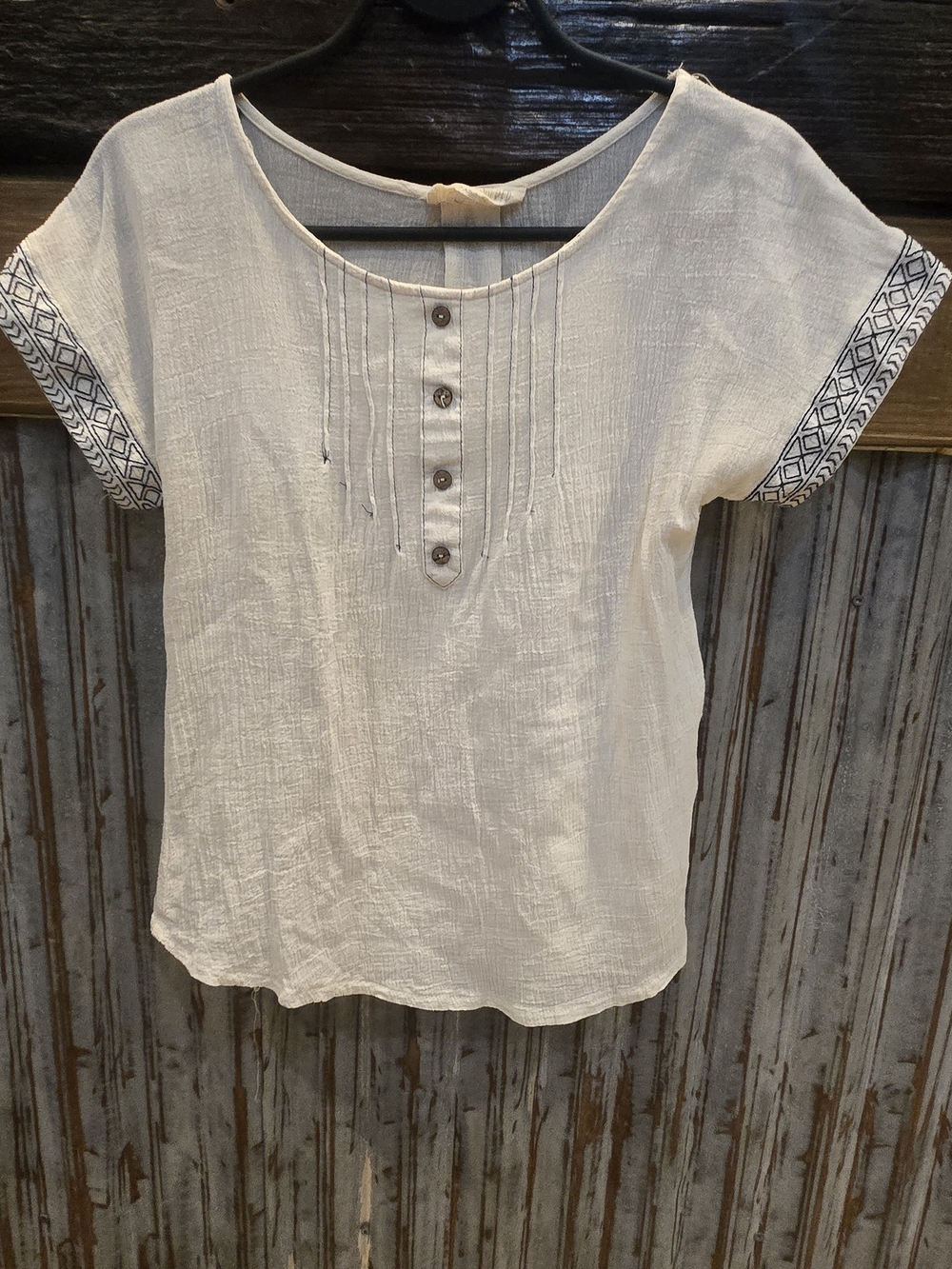 Sweet Wanderer Cream Short Sleeve Button Front Blouse with Embroidered Sleeves